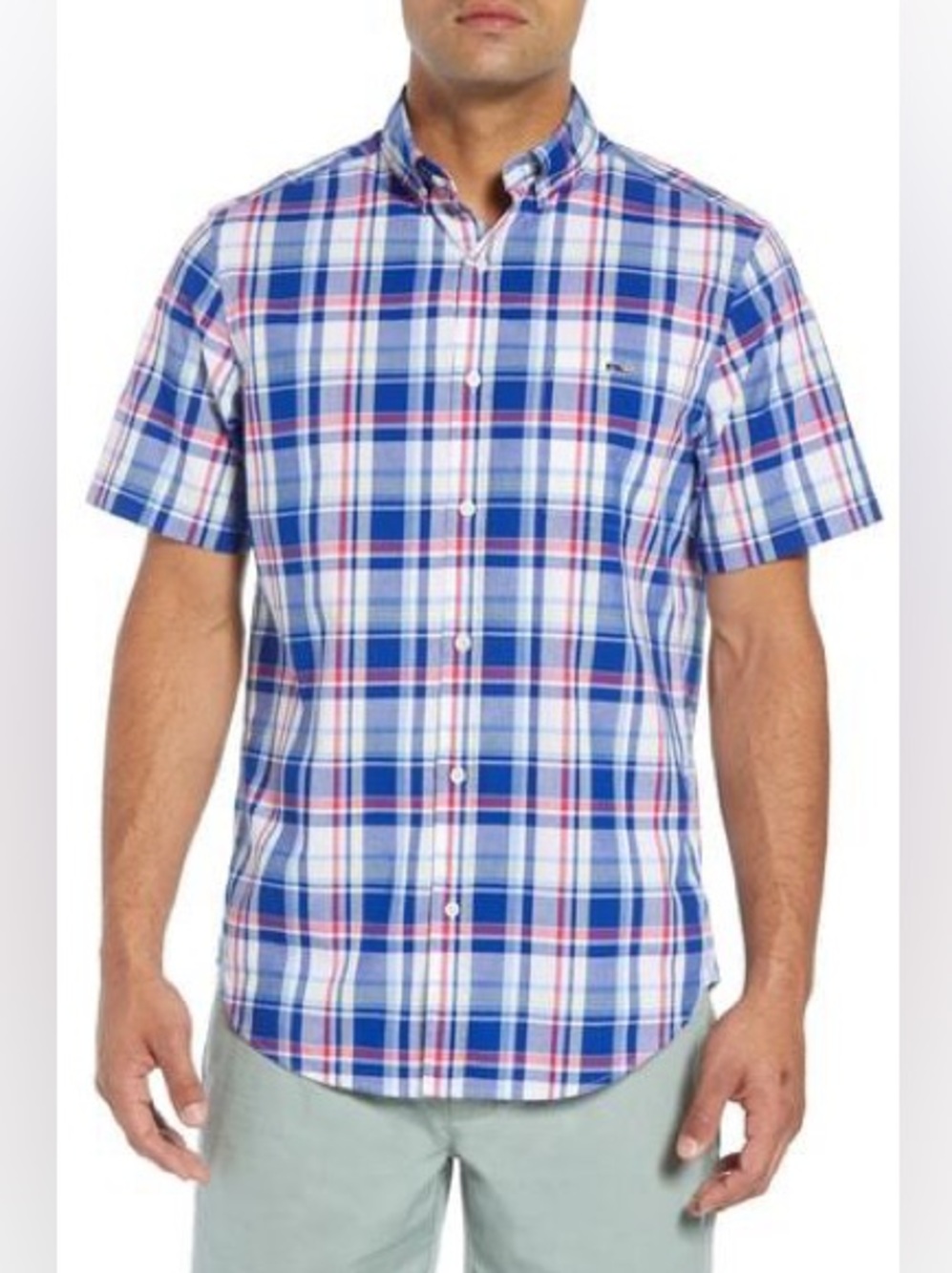 Vineyard Vines Trucker Blue and White Plaid Short-Sleeve Button-Down Shirt